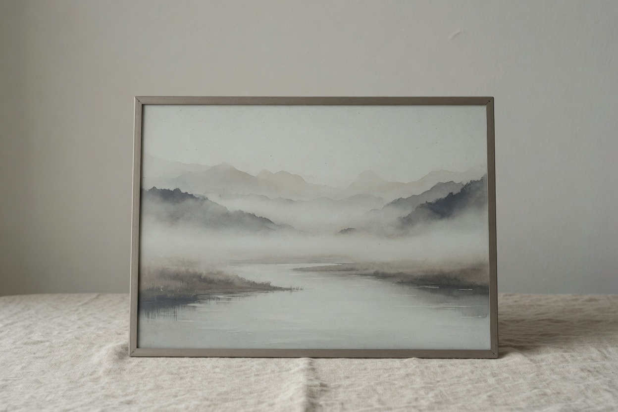 13.3 英寸 Annkora 电子纸画框实拍：暖木台面上的横幅大画，屏显印象派花园