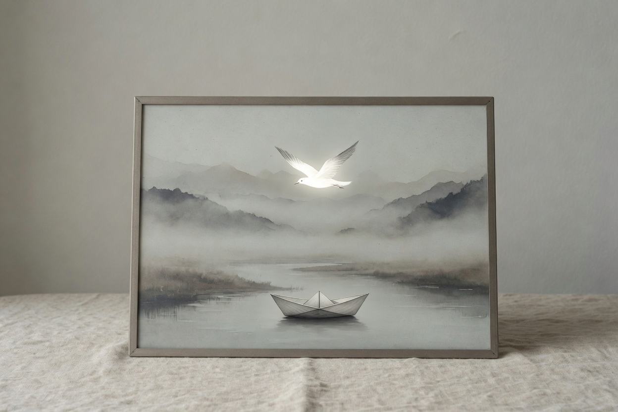 实拍：木桌上的 Annkora 画框屏显 AI 风格画作